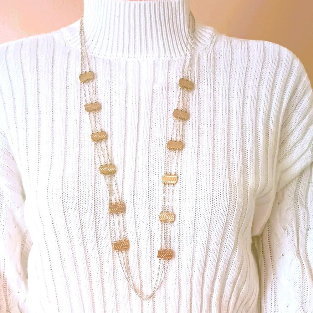 Marlyn Schiff 3 Strand Layered Necklace 38" 2 Tone Ribbed Panel Long Jewelry